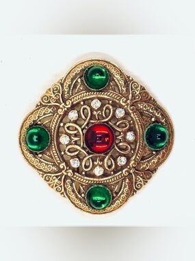 Vintage ACCESSOCRAFT NYC Square Gold Tone Red & Green Cabochon Brooch Or Pendant